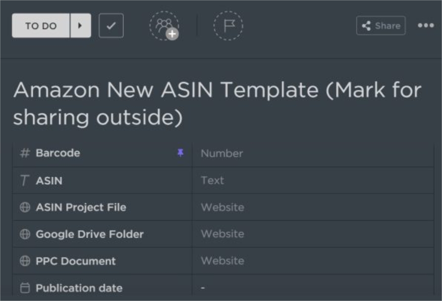 Amazon New ASIN ClickUp project management template