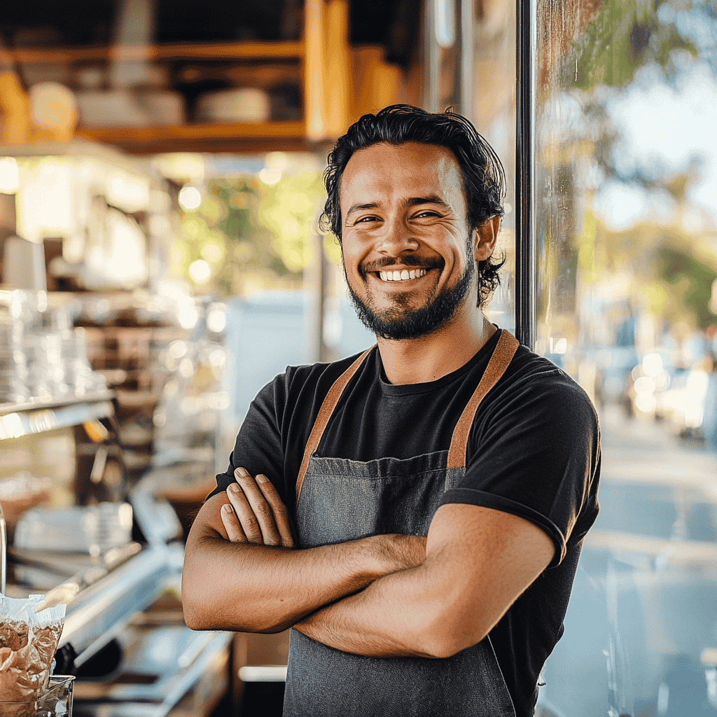 A coffee shop owner opening his store