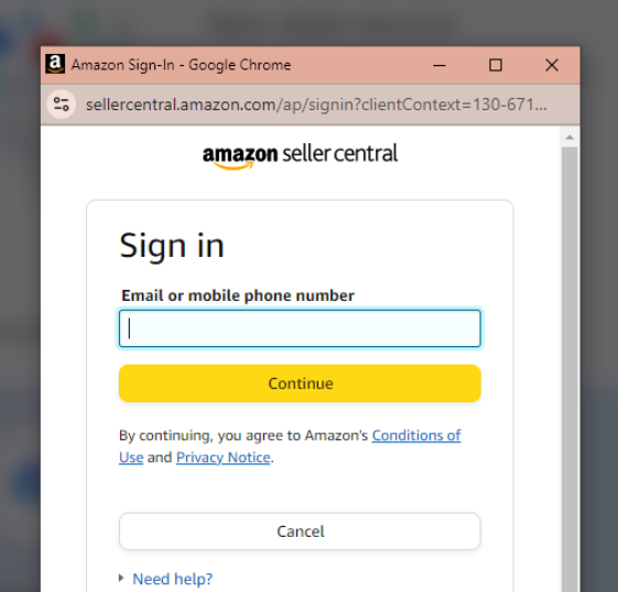 The Amazon Seller Central log-in window.