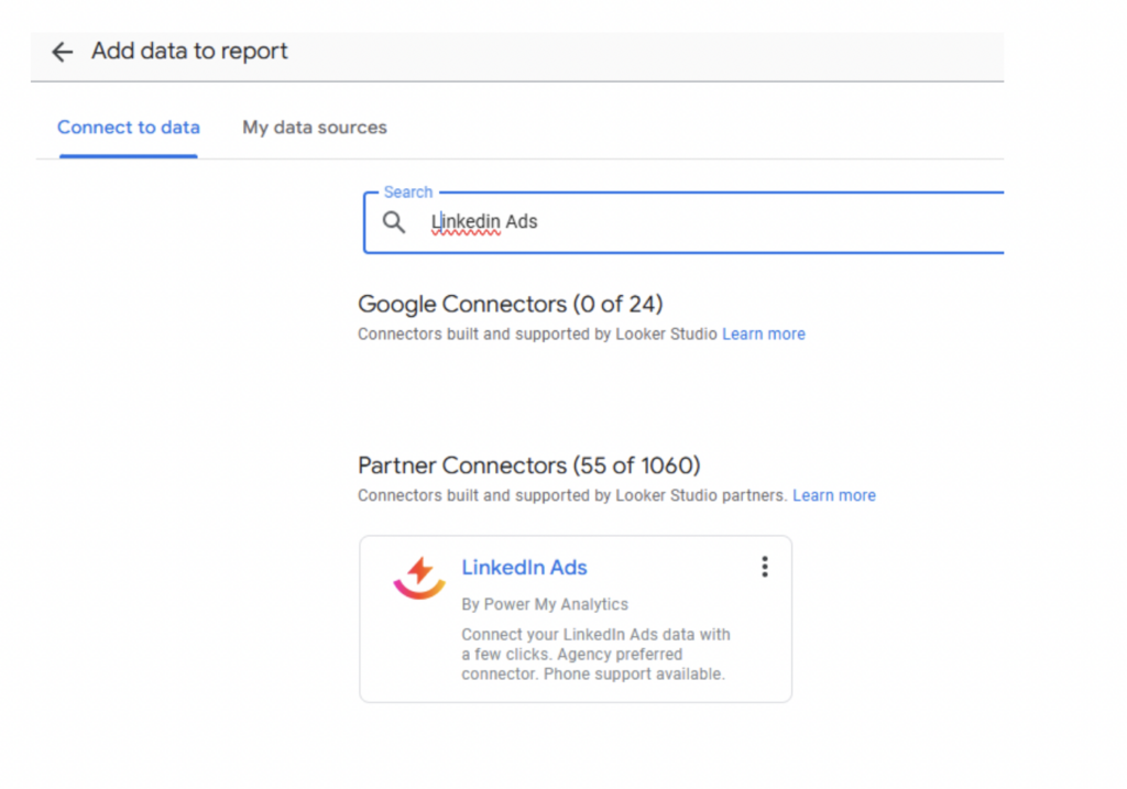 Selecting the LinkedIn Ads connector from the Power My Analytics hub. 