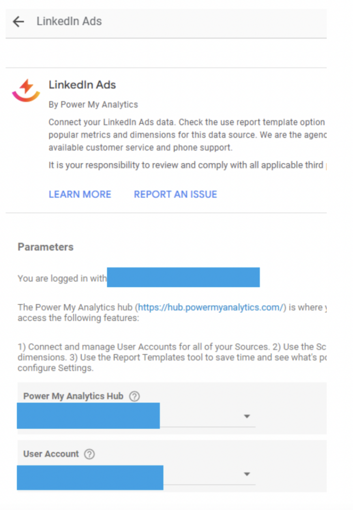 Setting up the parameters of the Power My Analytics connector hub. 